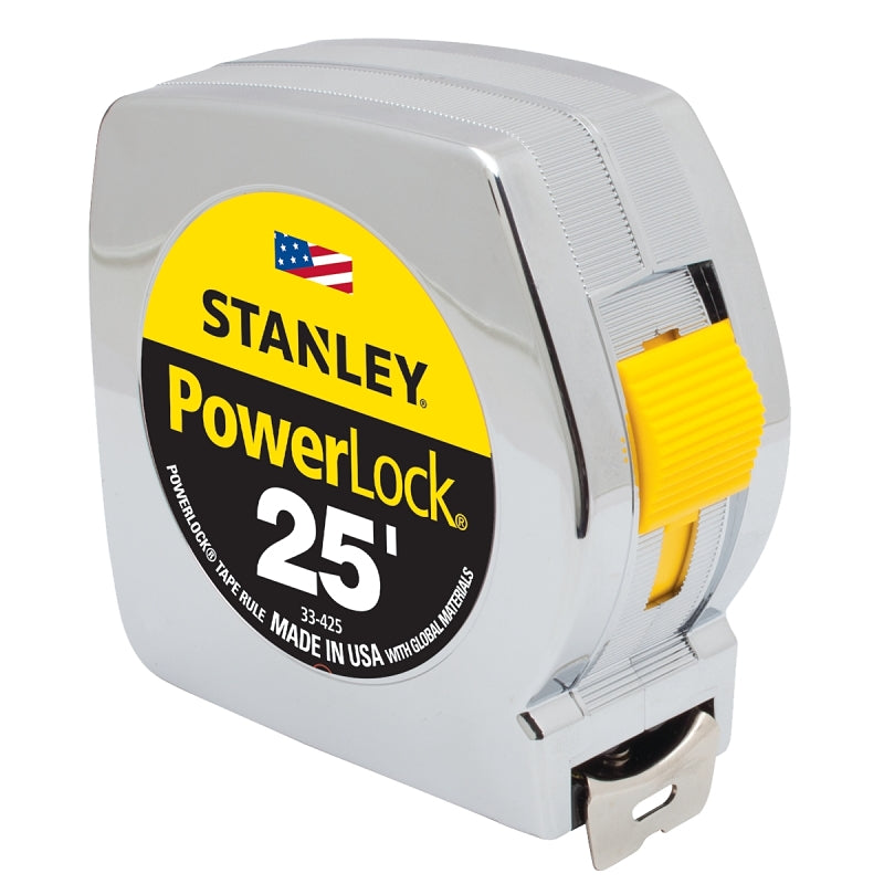 Stanley 33-425 Measuring Tape, 25 ft L Blade, 1 in W Blade, Steel Blade, ABS Case, Chrome Case