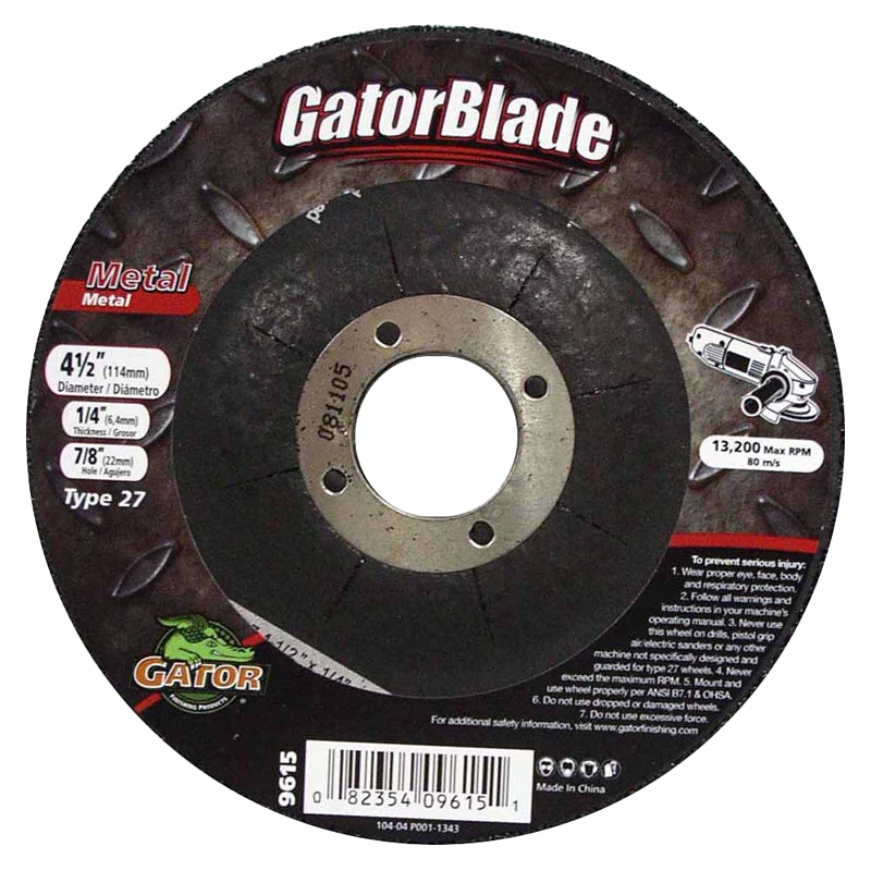 Gator 9615 Grinding Wheel, 4-1/2 in Dia, 1/4 in Thick, 7/8 in Arbor, Aluminum Oxide Abrasive