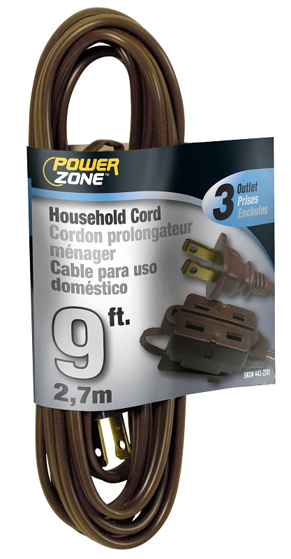 PowerZone OR670609 Extension Cord, 16 AWG Cable, 9 ft L, 125 V, Brown