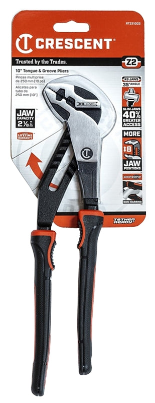 Crescent K9 Z2 Series RTZ210CG Tongue and Groove Plier, 10.8 in OAL, 2.1 in Jaw, Black/Rawhide Handle, Ergonomic Handle