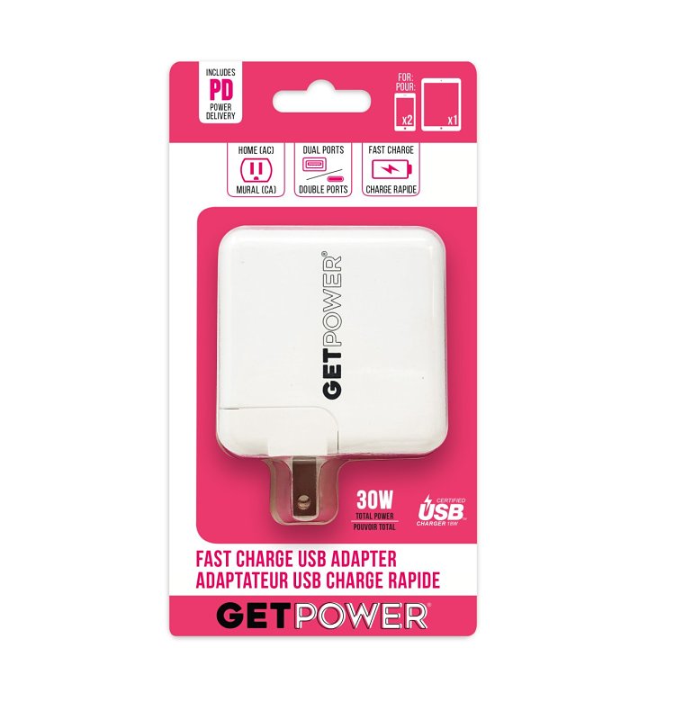 GetPower GP-AC2USB-PD USB AC Adapter, 2 -USB Port, White