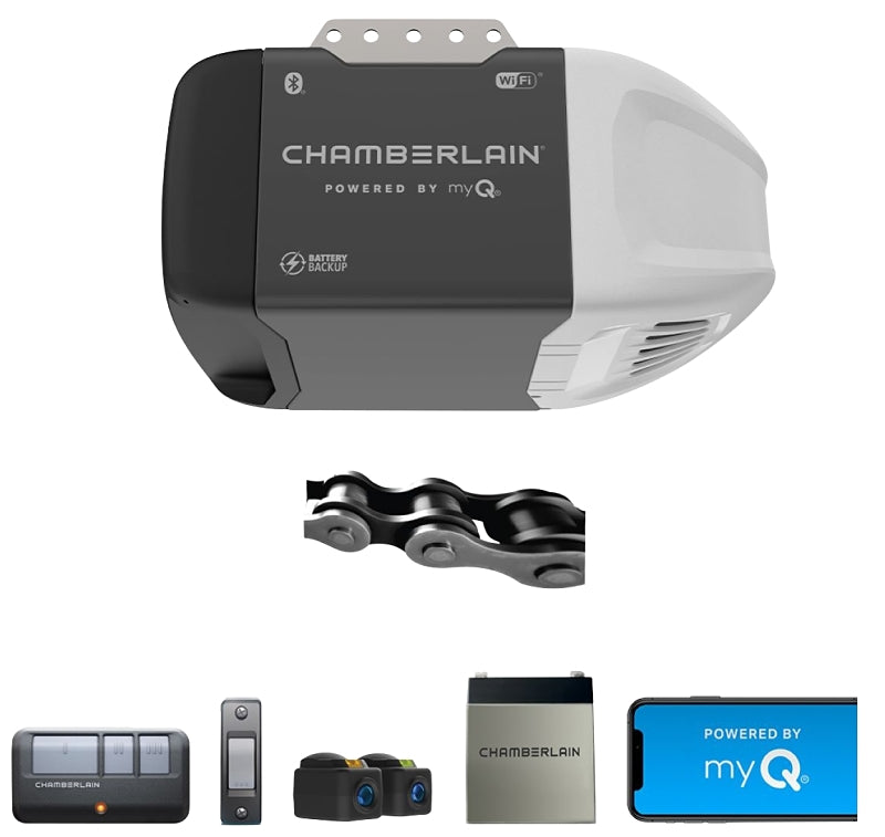 Chamberlain C2212T Garage Door Opener, Battery, Chain Drive, OS: myQ and Security+ 2.0, Gray