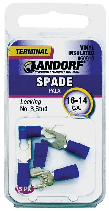 Jandorf 60919 Spade Terminal, 600 V, 16 to 14 AWG Wire, #8 Stud, Vinyl Insulation, Copper Contact, Blue