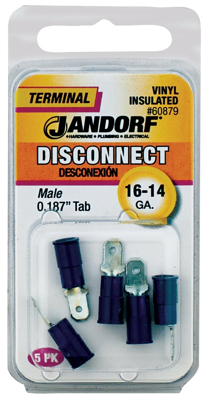 Jandorf 60879 Disconnect Terminal, 16 to 14 AWG Wire, Vinyl Insulation, Copper Contact, Blue, 5/PK