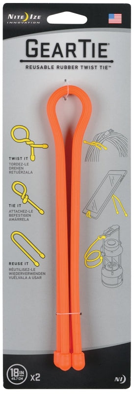 Gear Tie GT18-2PK-31 Twist Tie, Rubber, Bright Orange