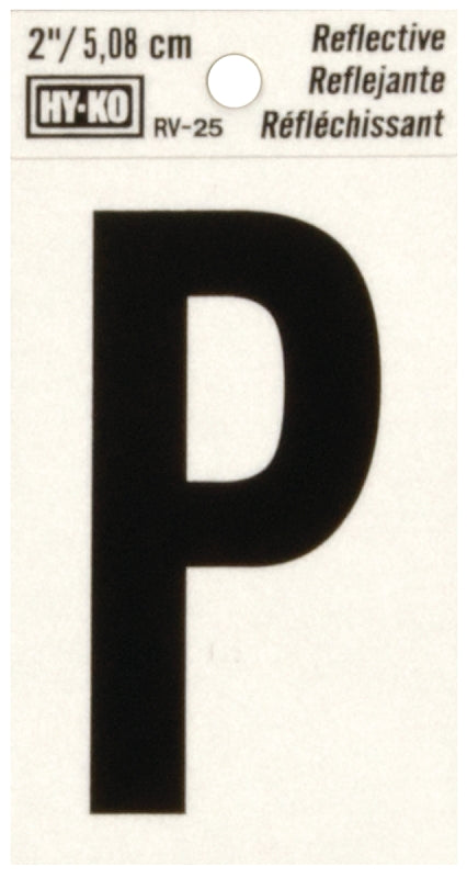 Hy-Ko RV-25/P Reflective Letter, Character: P, 2 in H Character, Black Character, Silver Background, Vinyl
