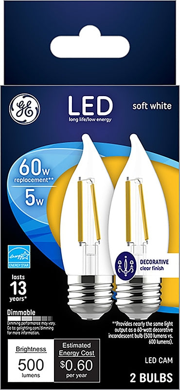 GE 93129343 Light Bulb, Decorative, 60 W Equivalent, Medium (E26) Lamp Base, Dimmable, Soft White Light