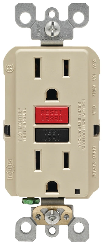 Leviton R71-GFNT1-0RI GFCI Duplex Receptacle, 2 -Pole, 15 A, 125 V, Back, Side Wiring, NEMA: 5-15R, Ivory