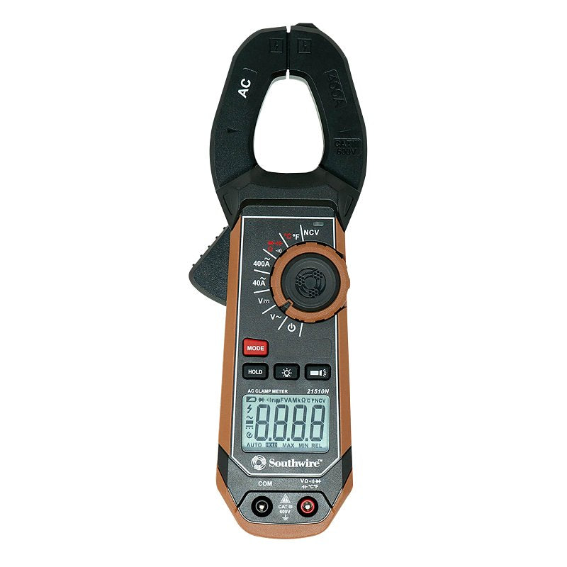 Southwire 65031540 Clamp Meter, 600 V, Backlit Display, Functions: AC and DC Voltage, AC Current, Brown