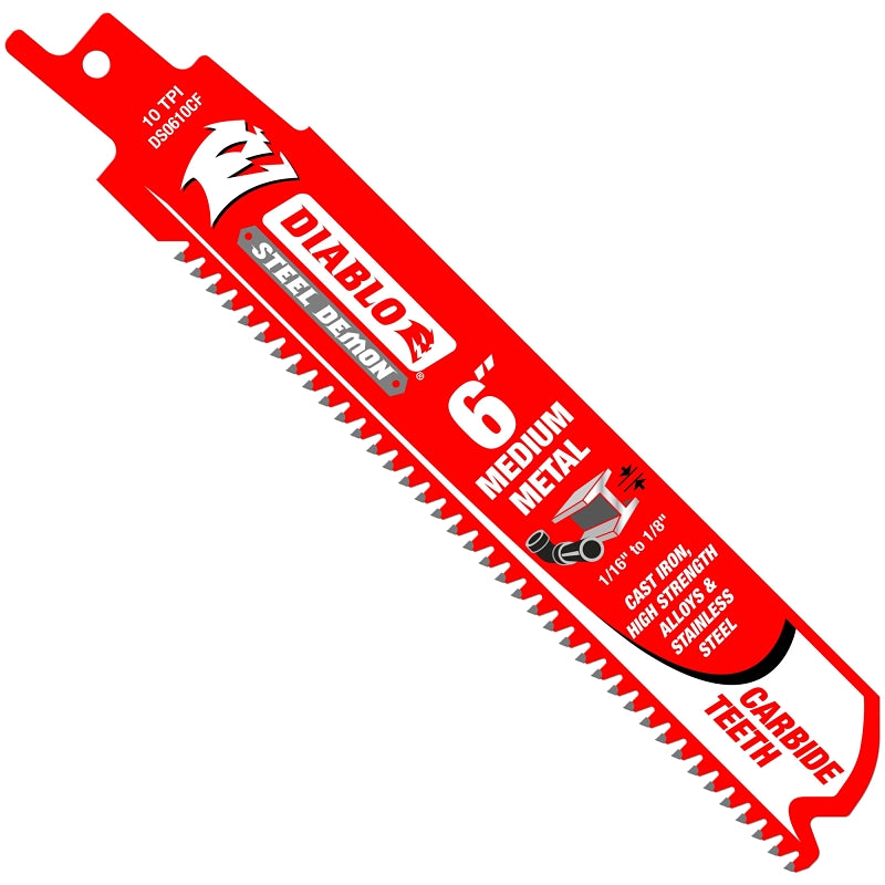 Diablo DS0610CF Series Reciprocating Saw Blade, Applicable Materials: Metal, 6 in L, 10 TPI, Carbide Cutting Edge, 1/PK