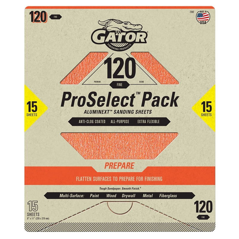 Gator 7282 Sanding Sheet, 11 in L, 9 in W, Fine, 120 Grit, Aluminum Oxide Abrasive