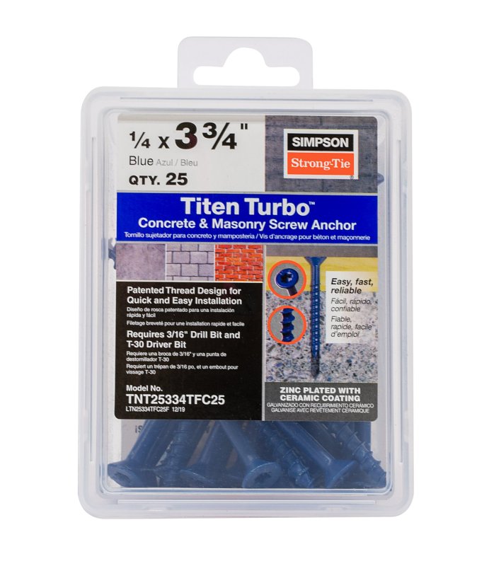 Simpson Strong-Tie Titen Turbo TNT25334TFC25 Screw Anchor, 1/4 in Dia, 3-3/4 in L, Carbon Steel, Ceramic-Coated/Zinc