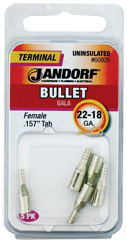 Jandorf 60926 Bullet Terminal, 600 V, 22 to 18 AWG Wire, Copper Contact, 5/PK
