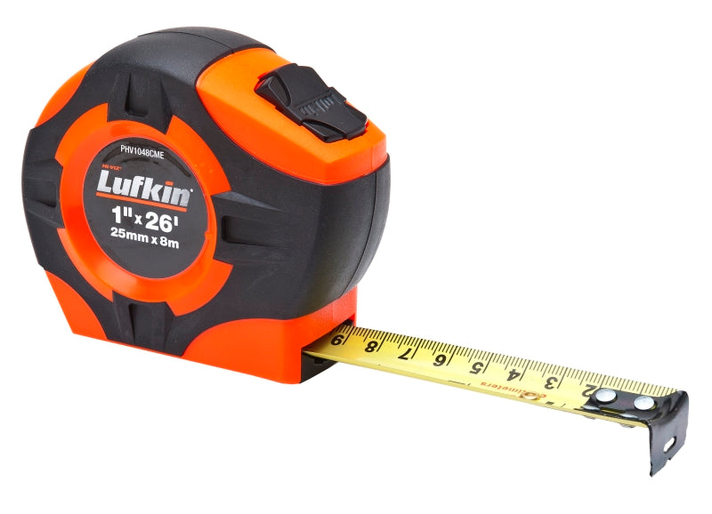 Crescent Lufkin PHV1048CMEN Tape Measure, 26 ft L Blade, 1 in W Blade, Steel Blade, Rubber Case, Orange Case