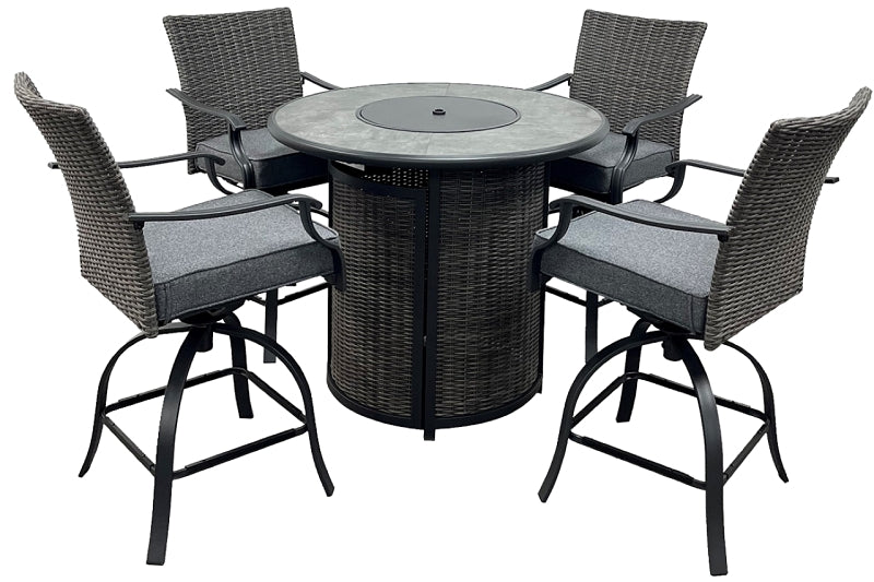 Seasonal Trends SH23S0880P Willow Creek Patio Bar Set w/Firepit Table, Cushion/Steel/Tile/Wicker, Charcoal/Gray