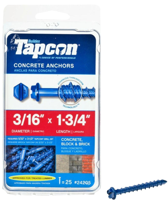 Tapcon 24205 Concrete Screw Anchor, 3/16 in Dia, 1-3/4 in L, Steel, Climaseal