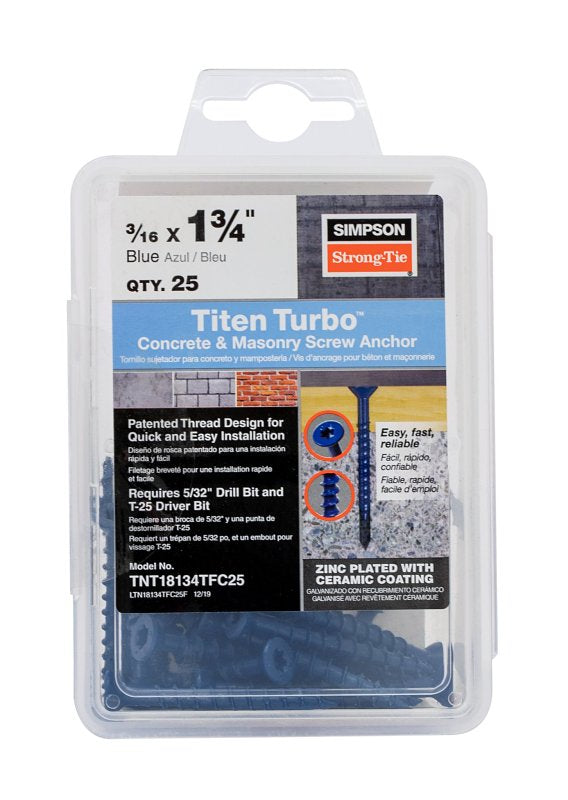 Simpson Strong-Tie Titen Turbo TNT18134TFC25 Screw Anchor, 3/16 in Dia, 1-3/4 in L, Carbon Steel, Zinc Plated