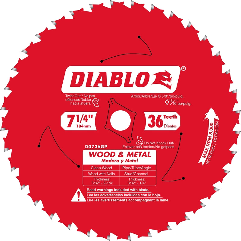 Diablo D0736GPA Circular Saw Blade, 7-1/4 in Dia, 5/8 in Arbor, 36-Teeth, TiCo Cutting Edge