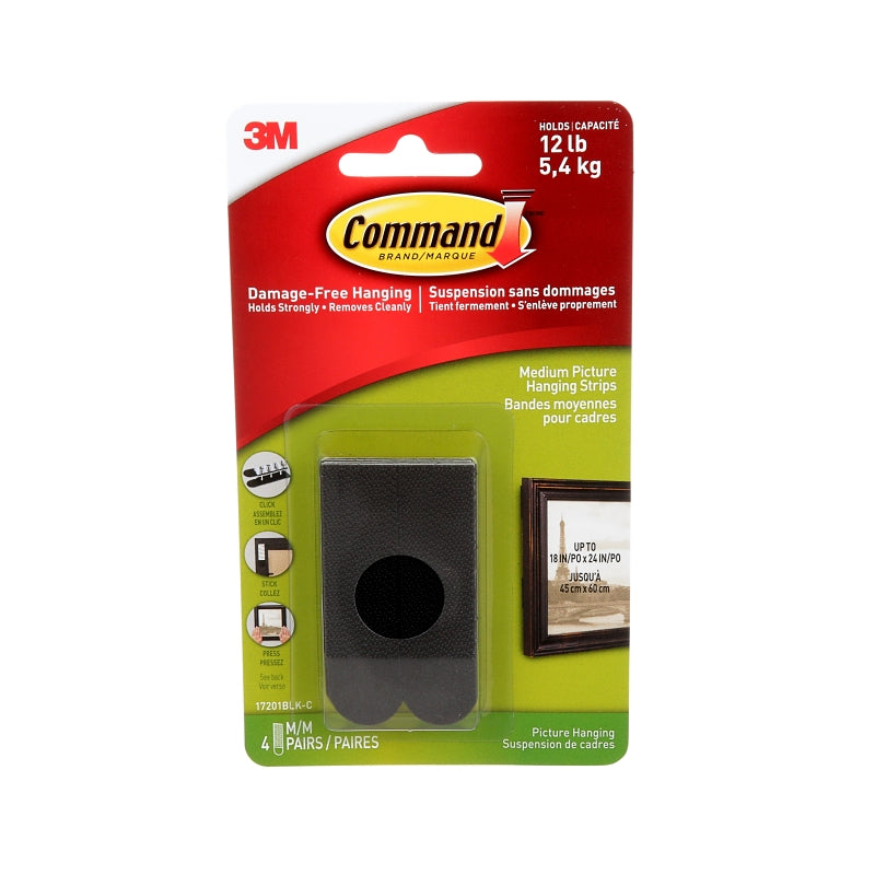 Command 17201BLK Picture Hanging Strip, 12 lb, Foam, Black