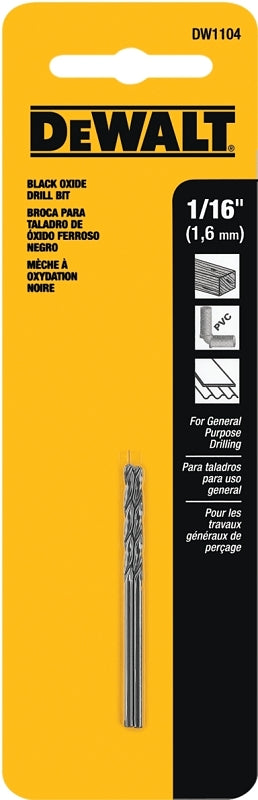 DeWALT DW1104 Jobber Drill Bit, 1/16 in Dia, 1-7/8 in OAL, Parabolic Flute, 1/16 in Dia Shank, Round Shank