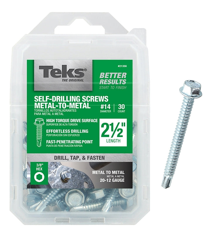 Teks 21356 Screw, #14 Thread, 2-1/2 in L, Coarse Thread, Hex Drive, Self-Drilling, Self-Tapping Point, Steel, 30