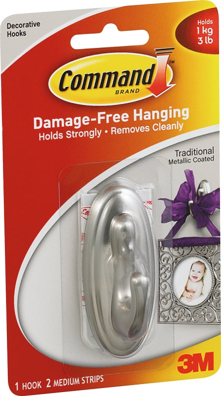 Command 17051BN Decorative Hook, 3 lb, 1-Hook, Plastic, Silver, Brushed Nickel