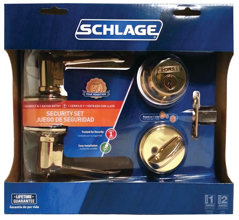 Schlage FB50NVFLA505 Knob Lockset, Mechanical Lock, Lever Handle, Wave Design, Bright Brass, 1 Grade, Metal