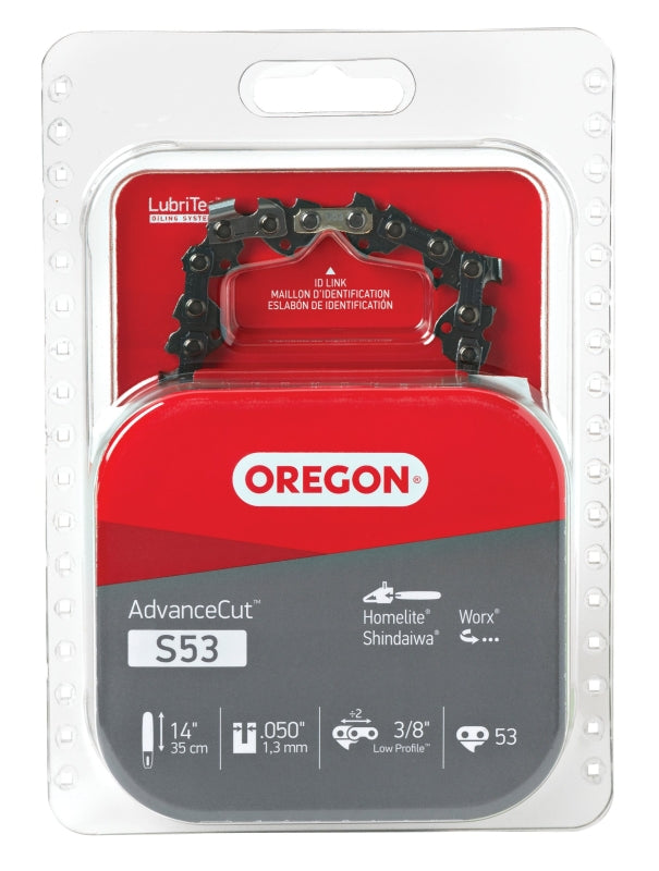 Oregon S53 Chainsaw Chain, 14 in L Bar, 0.05 Gauge, 3/8 in TPI/Pitch, 53-Link