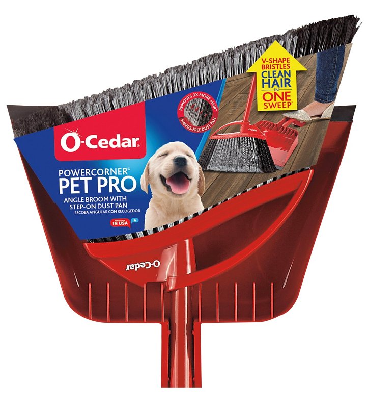 O-Cedar PowerCorner Pet Pro 168020 Broom and Step-On Dust Pan, Plastic Bristle, 56 in L, Steel Handle