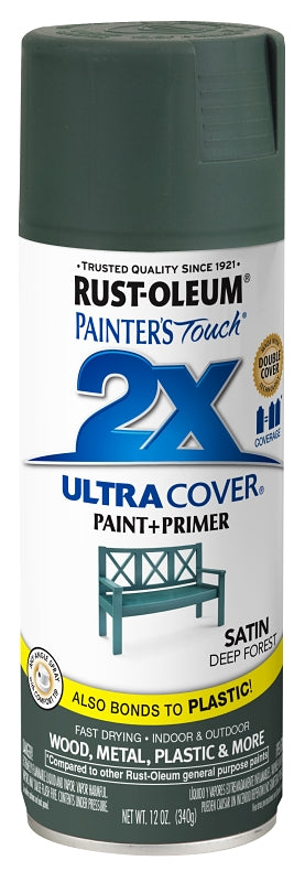 Rust-Oleum Painter's Touch 2X Ultra Cover 350372 Spray Paint, Satin, Deep Forest, 12 oz, Aerosol Can