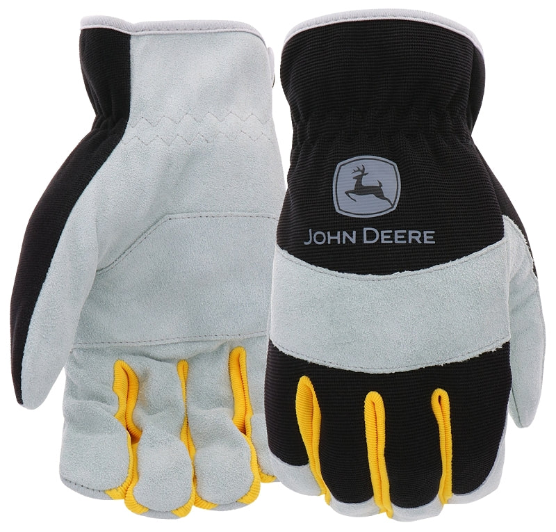 John Deere JD86020-L Work Gloves, Slip-On, Men's, L, Keystone Thumb, Shirred Cuff, Spandex Back, Black/Gray