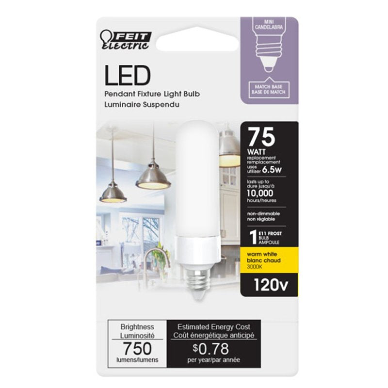 Feit Electric BP75MC/830/LED LED Bulb, Decorative, 75 W Equivalent, E11 Lamp Base, Dimmable, Clear, Warm White Light