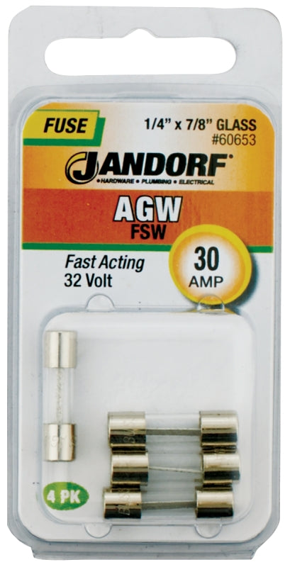 Jandorf 60653 Fast Acting Fuse, 30 A, 32 V, 10 kA Interrupt, Glass Body