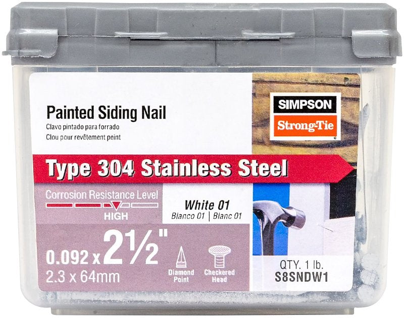 Simpson Strong-Tie S6SNDW1 Siding Nail, 6d, 2 in L, Stainless Steel, Full Round Head, Annular Ring Shank, White