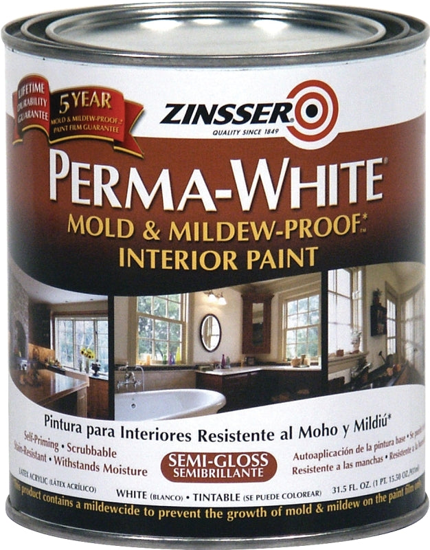 Zinsser 02754 Kitchen and Bath Paint, Semi-Gloss, White, 1 qt, Can, Water