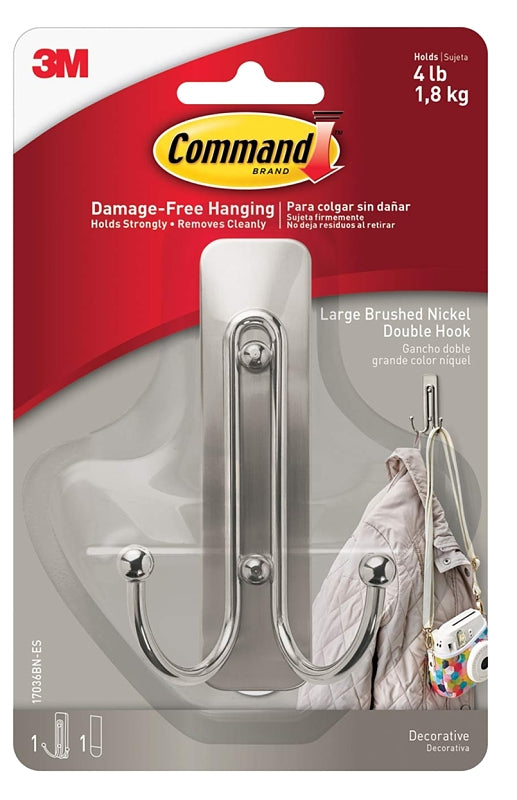 Command 17036BN-ES Large Double Hook, 4 lb, 1-Hook, Metal/Plastic, Gray, Brushed Nickel