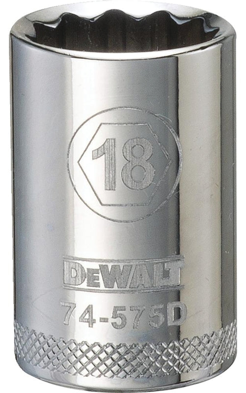 DeWALT DWMT74575OSP Drive Socket, 18 mm Socket, 1/2 in Drive, 12-Point, Steel, Polished Chrome Vanadium