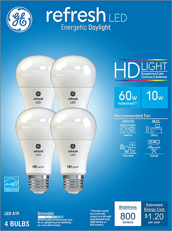 GE 96708 LED Bulb, General Purpose, A19 Lamp, 60 W Equivalent, E26 Lamp Base, Dimmable, Daylight Light
