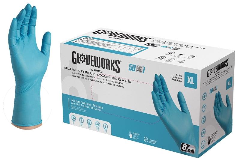 Gloveworks GPNHD68100 Non-Sterile Disposable Gloves, XL, Nitrile, Powder-Free, Blue, 300 mm L