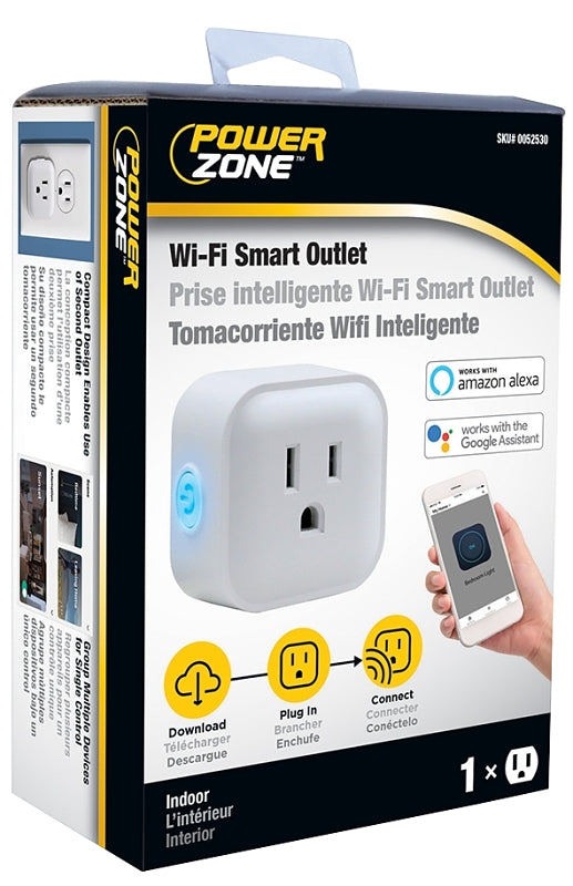 Powerzone ORRCWFII11 Wi-Fi Controlled Outlet, 1 -Pole, 15 A, 125 V, Grounded Socket, Wi-Fi, White