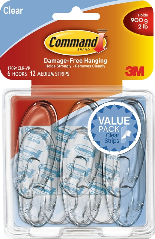 Command 17091CLR-VP Adhesive Hook, 2 lb, 6-Hook, Plastic, Clear