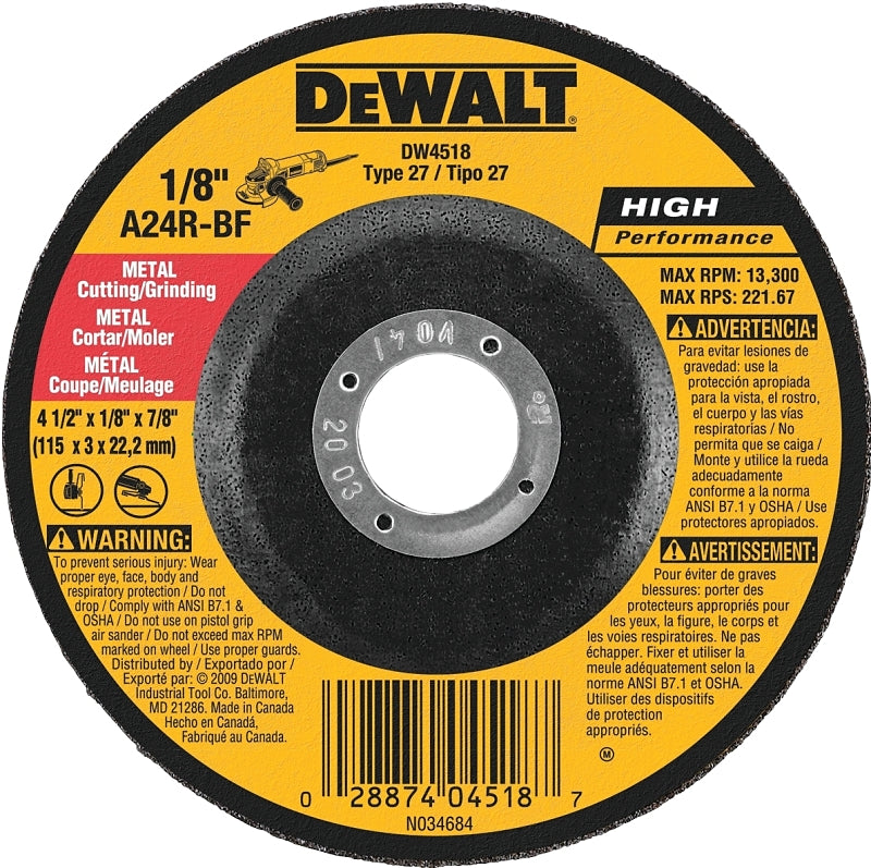 DeWALT DW4518 Grinding Wheel, 4-1/2 in Dia, 1/8 in Thick, 7/8 in Arbor, 24 Grit, Very Coarse