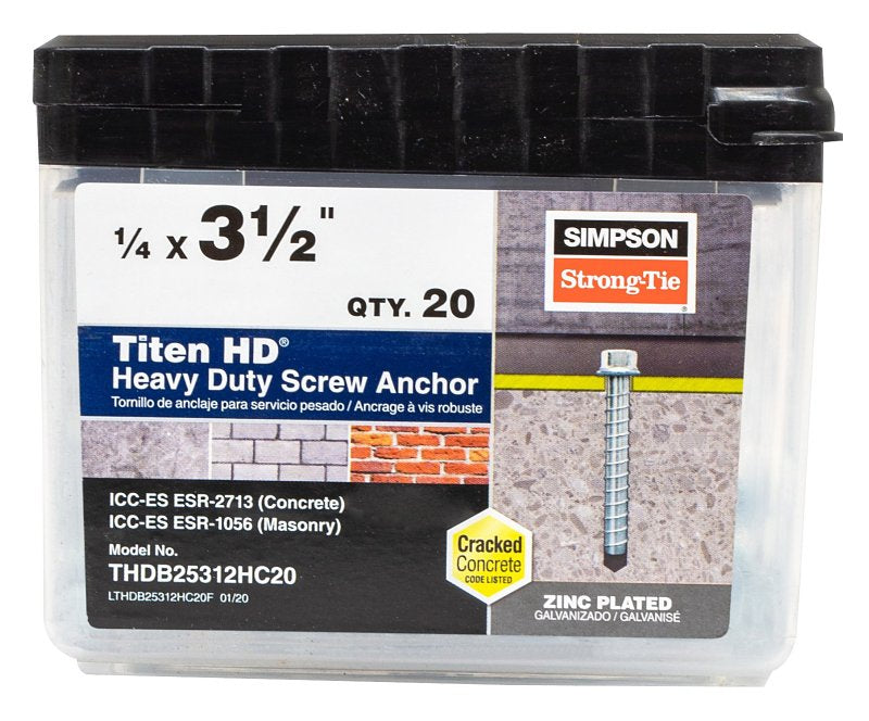 Simpson Strong-Tie Titen HD THDB25312HC20 Heavy-Duty Screw Anchor, 1/4 in Dia, 3-1/2 in L, Carbon Steel, Zinc Plated