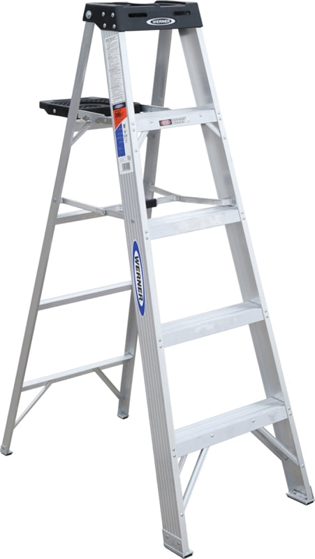 WERNER 375 Step Ladder, 9 ft Max Reach H, 4-Step, 300 lb, Type IA Duty Rating, 3 in D Step, Aluminum, Black
