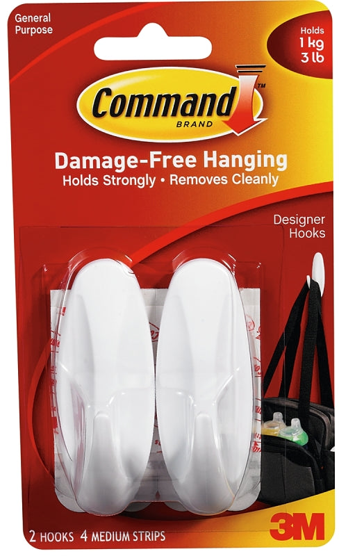 Command 17081 Designer Hook, 5/8 in Opening, 3 lb, 2-Hook, Plastic, White, 2/PK