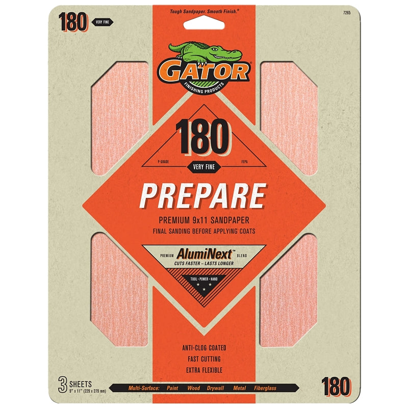 Gator 7265 Sanding Sheet, 11 in L, 9 in W, Extra Fine, 180 Grit, Aluminum Oxide Abrasive, Paper Backing