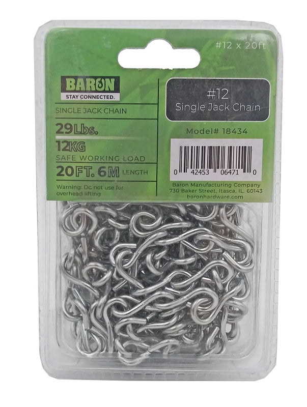 Baron 18434 Jack Chain, #12, 20 ft L, Steel, Galvanized/Zinc Plated