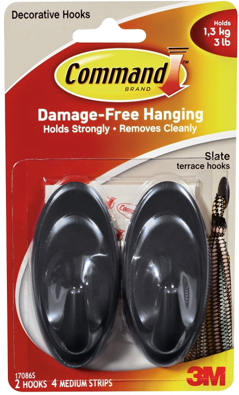 Command 17086S Terrace Hook, 3 lb, 2-Hook, Plastic, Slate