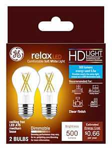 GE Relax Series 46662 Ceiling Fan Light Bulb, High-Definition, A15 Lamp, 60 W Equivalent, Medium Lamp Base, Yes, Clear