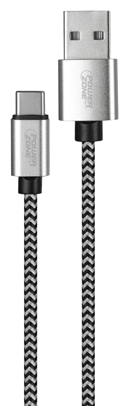 PowerZone KL-029X-2M-TYPE C Charging Cable, Type C, USB, Black/White Sheath, 6 ft L